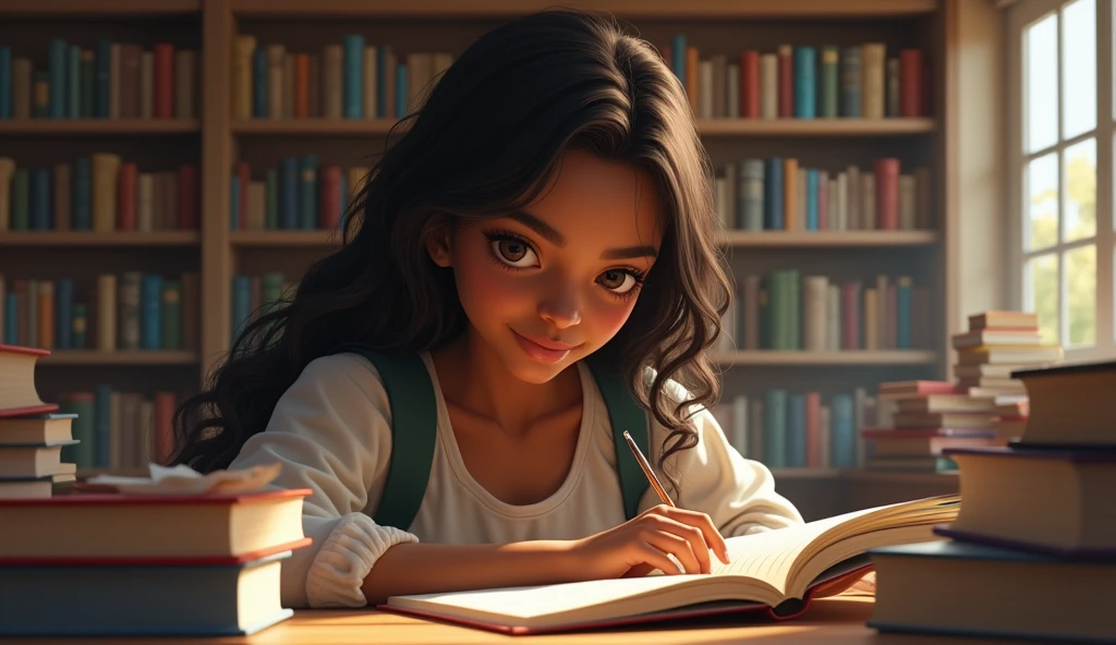A young woman, brown skin, long dark brown hair, curly hair, brown eyes, she is studying in the school library, she is a high school student.