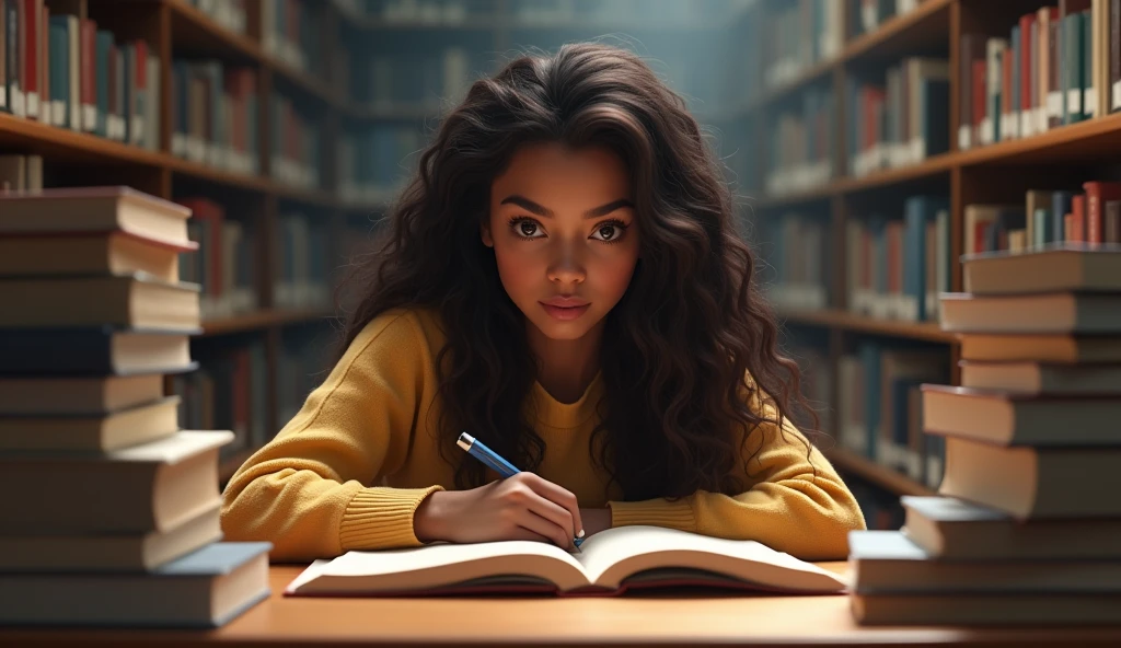 A young woman, brown skin, long dark brown hair, curly hair, brown eyes, she is studying in the school library, she is a high school student.