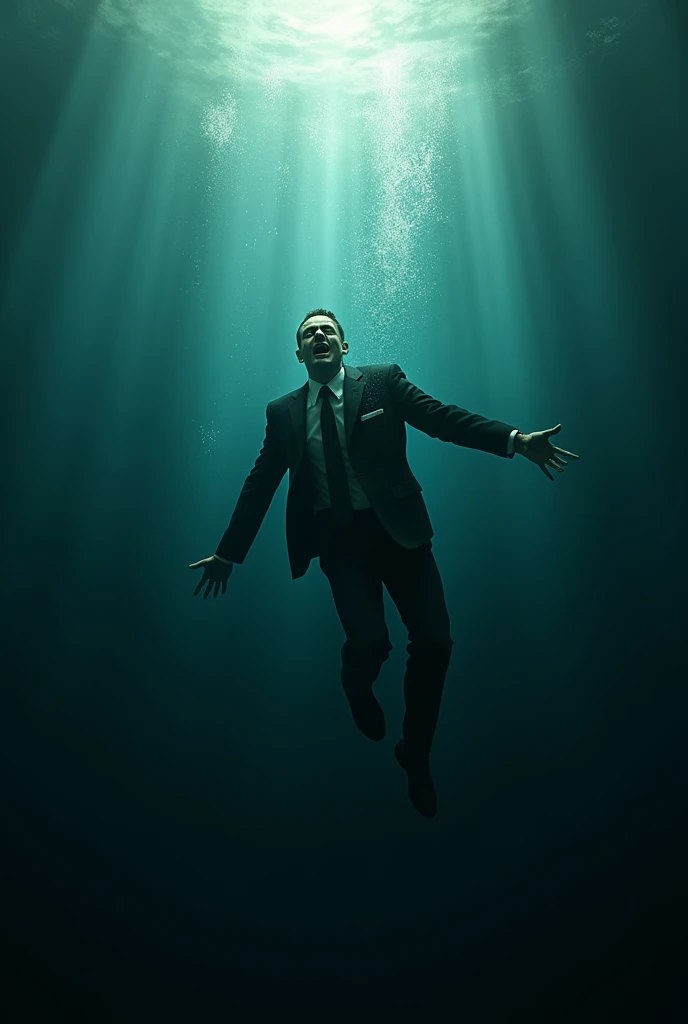 A man dressed in a suit swims upwards in desperation as he struggles to reach the surface. Deep shadows envelop his figure, contrasting with flashes of light filtering in from above, creating a game of disturbing chiaroscuros. Dark blue and deep green tones dominate the scene..