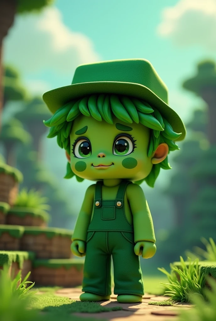 Minecraft character green skin green hair square hat green overalls with two green spots on the face

