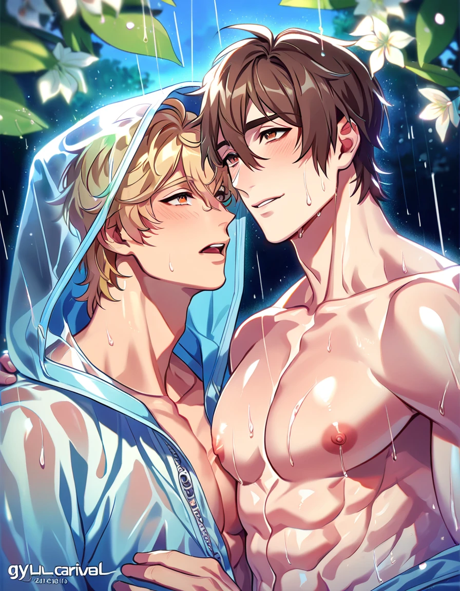 absurdres, highres, ultra detailed, HDR, master piece, best quality, extremely detailed, detailed eyes, detailed face, Quincy, blonde hair, expressive orange eyes, Nu Carnival, Eiden, brown hair, expressive brown eyes, two sexy men together, yaoi, gay couple, handsome, horny, lewd, wet, light-blue transparent rain coat, transparent black rain coat, nipples, spring, flowers, green leaves, magical forest, dark fantasy, rain, night