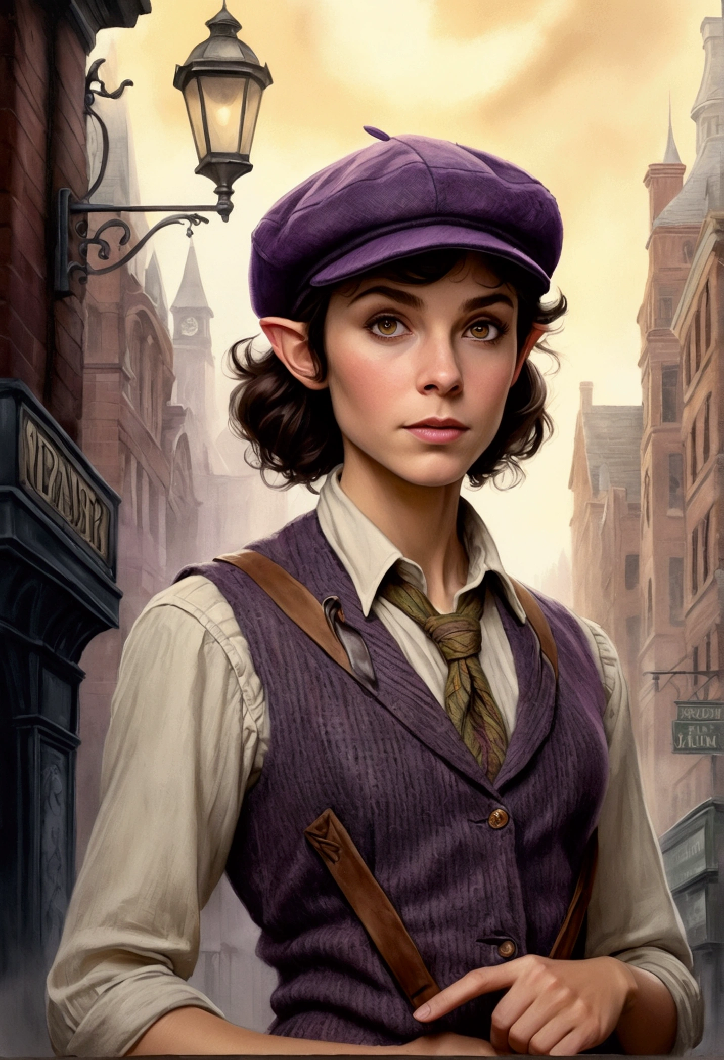 An illustrated movie poster, hand-drawn, full color, an elven maiden, wearing a tweed vest and a newsie cap, tall, toned, amazonian stature, athletic hourglass figure, long pointy elf ears, Amethyst eyes, dark hair, shaggy bob cut, deep sun-tanned skintone, freckles, standing on a foggy Victorian-era street corner, graphite shading, stencil marks, airbrushed acrylic paint, masterpiece, in the style of Sherlock Holmes, elf ears