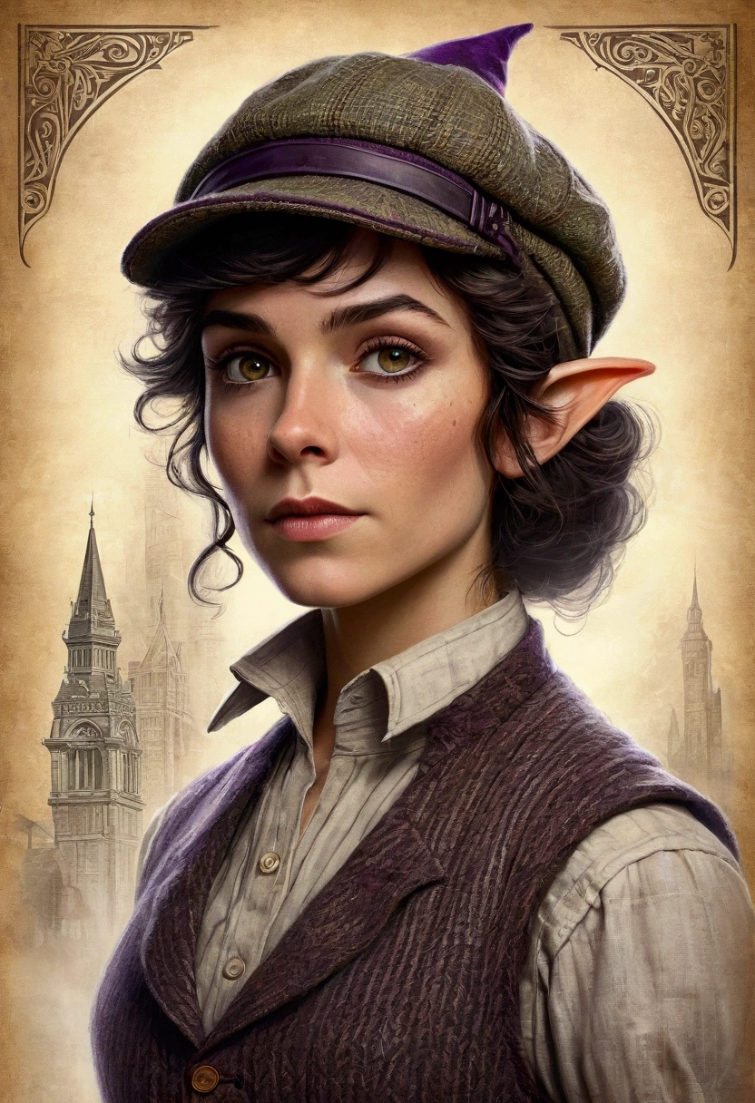 An illustrated movie poster, hand-drawn, full color, an elven maiden, wearing a tweed vest and a newsie cap, tall, toned, amazonian stature, athletic hourglass figure, long pointy elf ears, Amethyst eyes, dark hair, shaggy bob cut, deep sun-tanned skintone, freckles, standing on a foggy Victorian-era street corner, graphite shading, stencil marks, airbrushed acrylic paint, masterpiece, in the style of Sherlock Holmes, elf ears