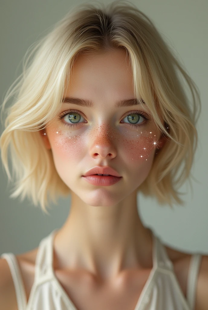 Realistic image of a fair-skinned woman, shorth hair, straight and blond, big green eyes and sparks. delicate features, blushed face, some freckles, rosy lips.