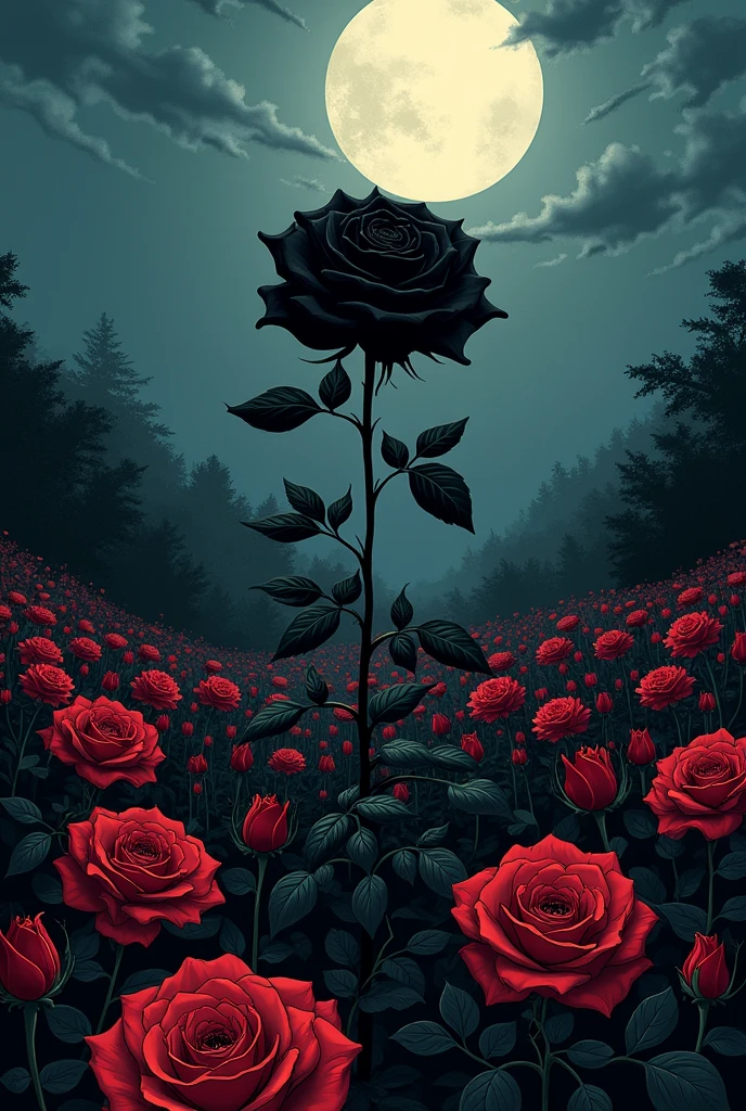 A black rose in a dark field full of roses in Japanese manga version