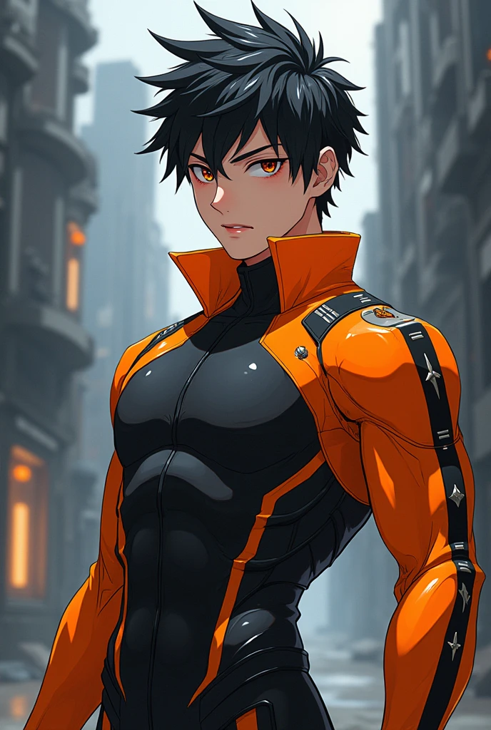 Japanese anime male character in black and orange outfit