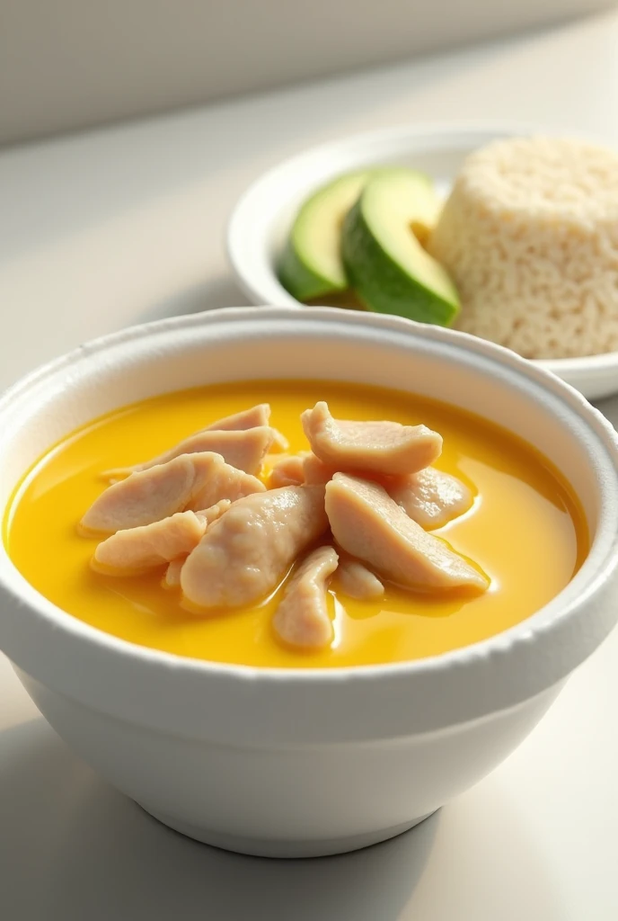 (photorealism:1.2), improve image deep white styrofoam bowl with yellow soup with only a portion of cooked but not browned chicken on top of the soup , Next to it a separate styrofoam plate with rice and a portion of avocado. There are two separate plates, one with the soup and the other with the rice and the piece of avocado.