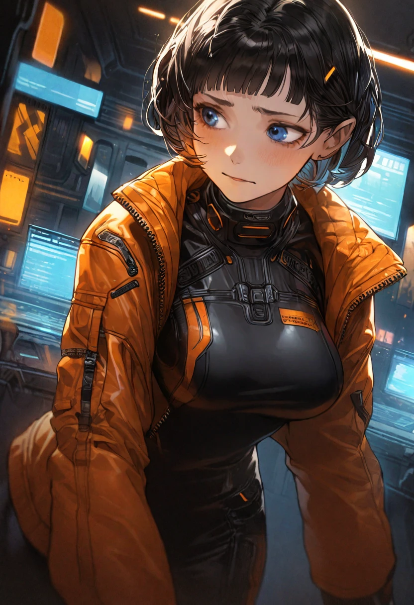 illustration, detailed illustration, ultra detailed, dynamic angle, cyberpunk, 50 year old woman, medium black hair, hair with cyan streaks, mismatched eyes, orange eye, blue eye, lean, medium breasts, black leather top, orange leather jacket, tired expression, cowboy shot, dark bar interior, dark environment