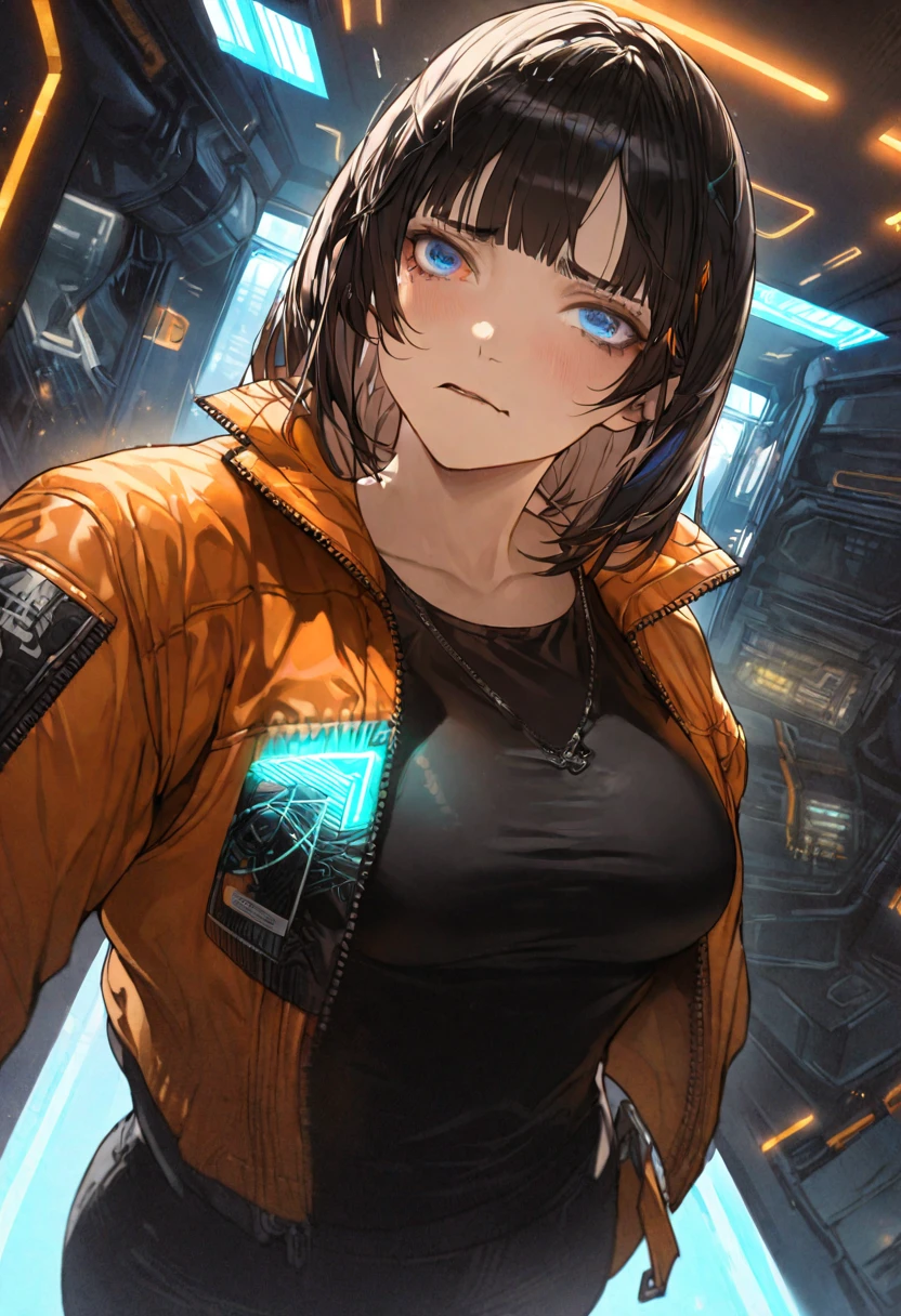 illustration, detailed illustration, ultra detailed, dynamic angle, cyberpunk, 50 year old woman, medium black hair, hair with cyan streaks, mismatched eyes, orange eye, blue eye, lean, medium breasts, black leather top, orange leather jacket, tired expression, cowboy shot, dark bar interior, dark environment