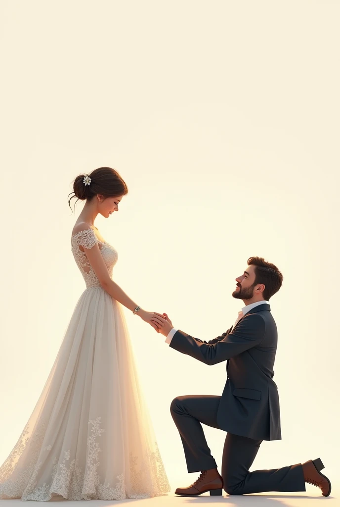 A wedding couple, man kneeling, woman in long dress, no back ground, drawning