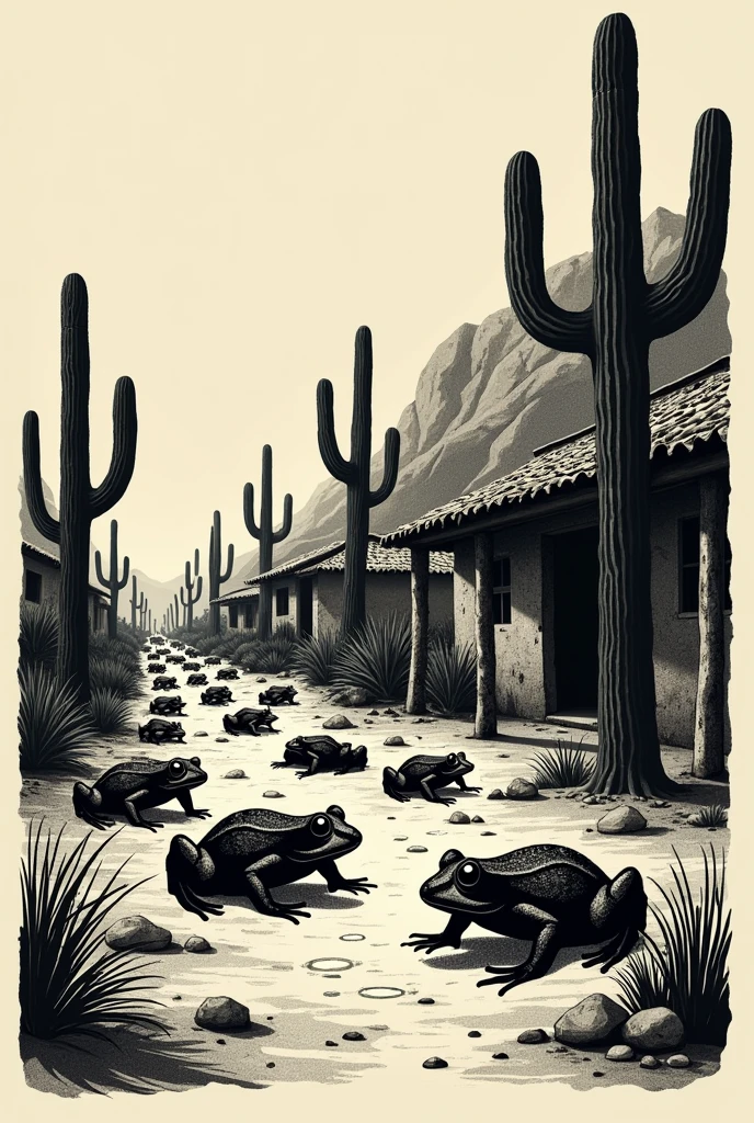 Create a series of seven detailed woodcut-style illustrations of Frogs: Draw frogs invading a small rustic village, covering the cacti and the mud houses.

the illustration must be done in the traditional woodcut style (BLACK AND WHITE DRAWING WITH A LOT OF MINIMALISM), emphasizing strong contrasts, detailed textures and the roughness of the backlands landscape.