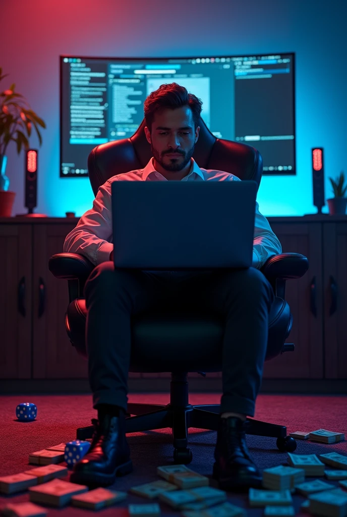 high resolution, ultra detaild), (cinematic), (ultra HD), standing alone, sitting gamer chair macbook on lap, in the background a curved screen monitor,, 2 dice on the floor, one blue and one red, a lot of money, de casino,