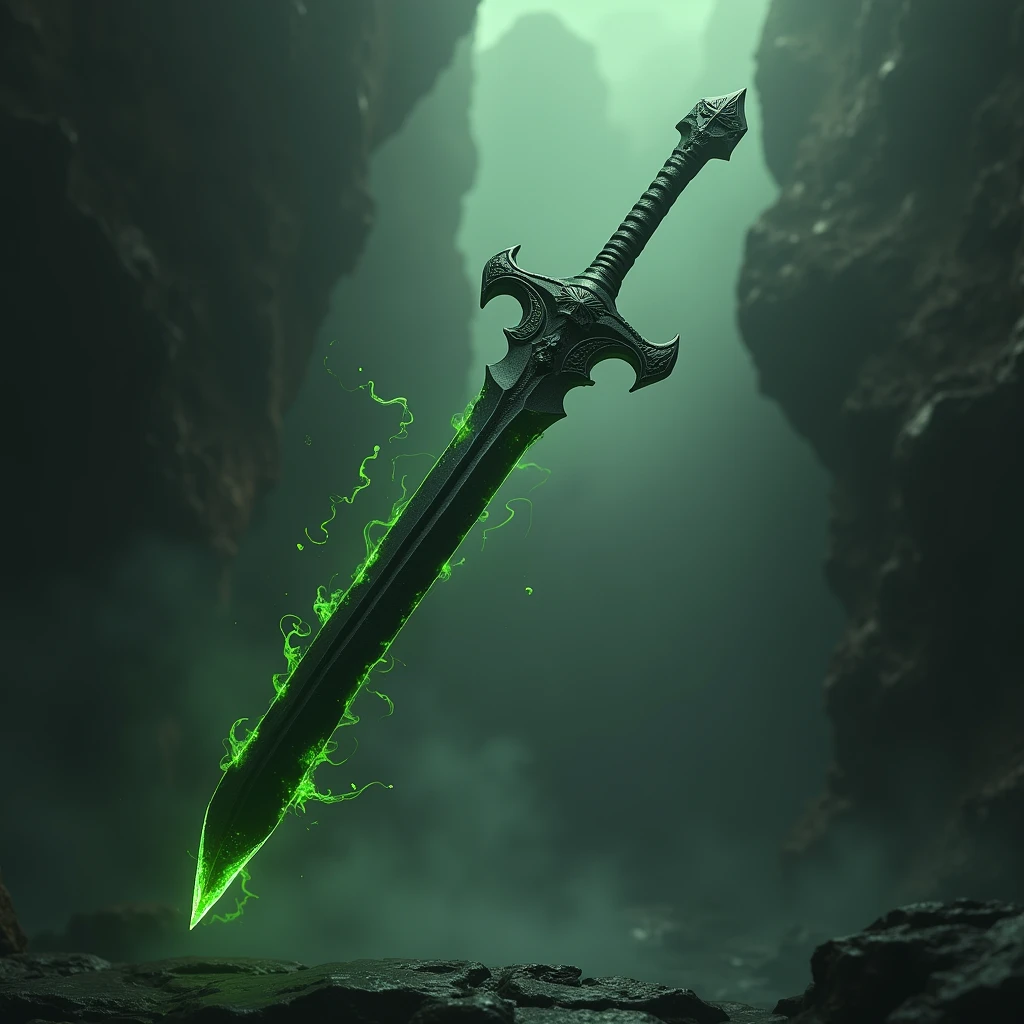 hyperrealistic, a long sword with the blade of black obsidian, the green tip of toxic venom, floating in the air, a shadow swirling around the sword