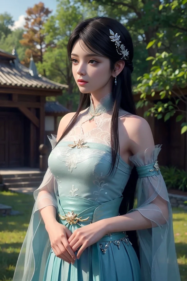 xuner,
(crystalstexture skin:1.2), (extremely delicate and beautiful),
1girl, solo, jewelry, long hair,bare shoulders, black hair, looking at viewer,earrings,  delicate lace, lace, white skin, pale skin, 3d, (large breasts:1.2), hair ornament,  soft lighting, natural lighting, day, sky, wisteria, outdoors