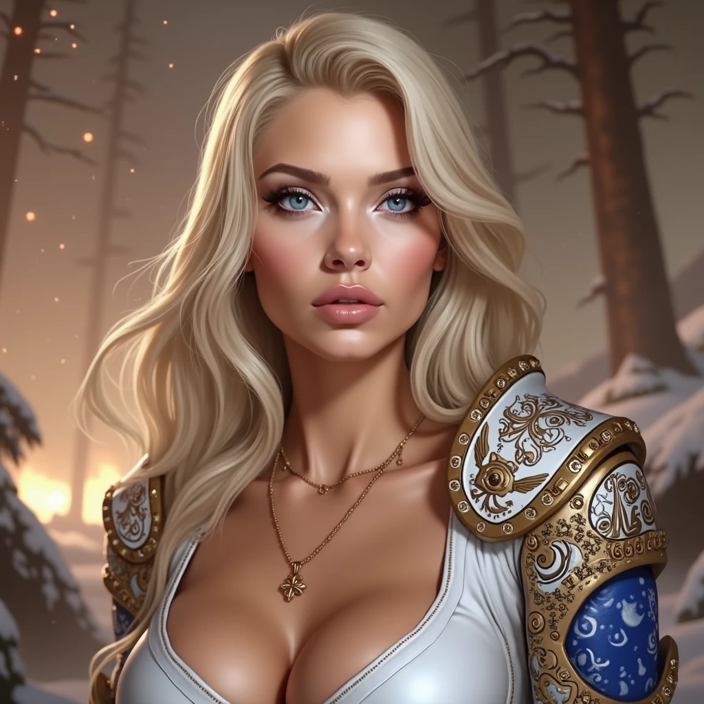 a beautiful woman with long platinum blonde hair, porcelain skin, ice blue eyes, sexy sisters of battle from the warhammer 40k, shooting at the enemy, rwhite space marine armor with intricate details, religous symbols on the armor, sisters of battle, warhammer 40k, Massive silicone breast, pale skin, seductive, temptation, eat your soul, clevage, , standing in a magical winter wonderland with snow-covered trees and frozen lakes, intricate ice crystals and snowflakes surrounding her, (best quality,4k,8k,highres,masterpiece:1.2),ultra-detailed,(realistic,photorealistic,photo-realistic:1.37),fantasy,digital art,cinematic lighting, highly detailed armor, intricate futuristic weaponry, gritty and realistic, mecha, science fiction, hyper-detailed, photorealistic, award winning digital art, 8k, HDR, masters work, in the middle of a battle field, full body combat action pose, explosions and fire around, full war, stunning, Stilleto heels, high heels, full body pose, cinematic, dust and debree, combat screams, attacking, shooting at the enemy, sisters of battle, warhammer 40kdramatic color palette,frozen landscape,ice powers,snow queen