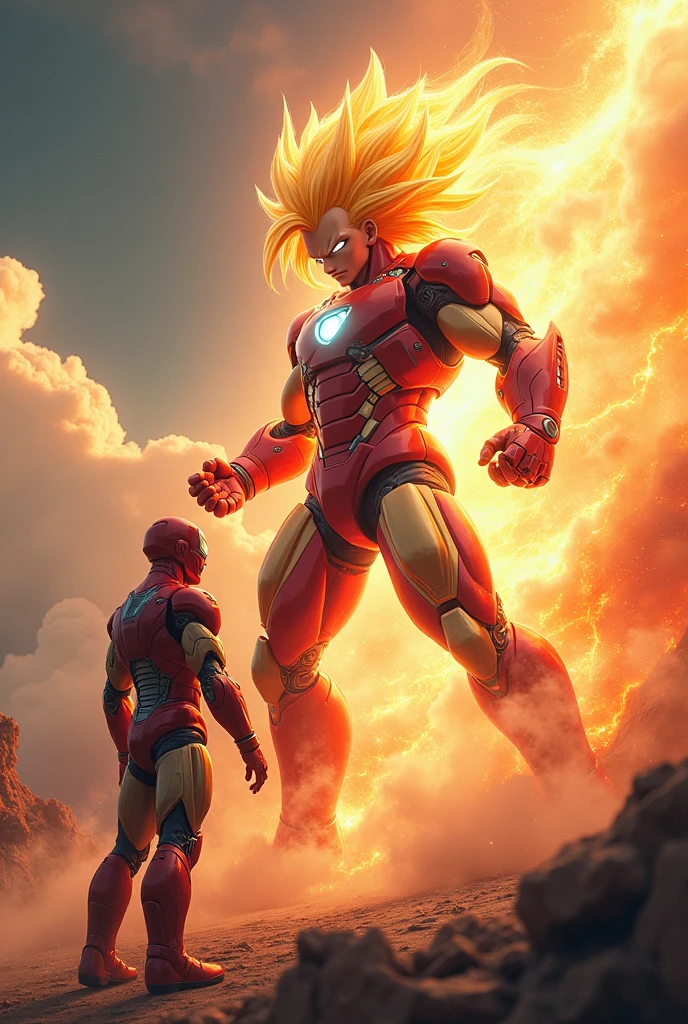 Iron Man fighting Goku Super Saiyan 4