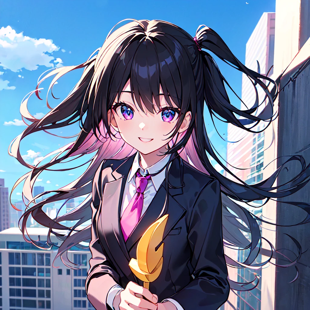 masterpiece, best quality, high quality, extremely detailed, very delicate and beautiful, (1 female 1 solo:1.5), (two side up long black hair:1.5), bangs to eyebrows, eyes sharp and bright (eye color magenta:1.3), 6.5 head height, (office lady in black suit and tight mini skirt:1.3), (knee socks), (lace), (standing), (dynamic pose), (smiling), (background skyscraper rooftop:1.3), (blue sky:1.3), (upper body:1.3)