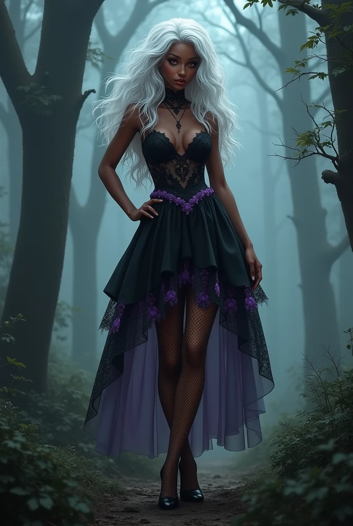 Screenshot My hero academia, African American girl, long wavy white hair. Red eyes. daring look. black lace dress with purple, fishnets, black heels, Witch hat. mysterious forest background. Posing.