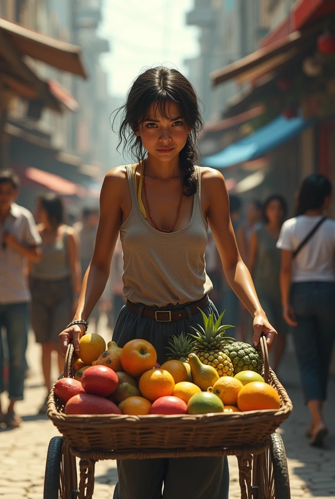 bottom: A bustling street with people walking and moving vehicles.
Maria: A young woman with a cart full of fruits and objects, dressed modestly. She appears tired but with a resilient attitude. The environment is chaotic, but the focus is on her and her effort.