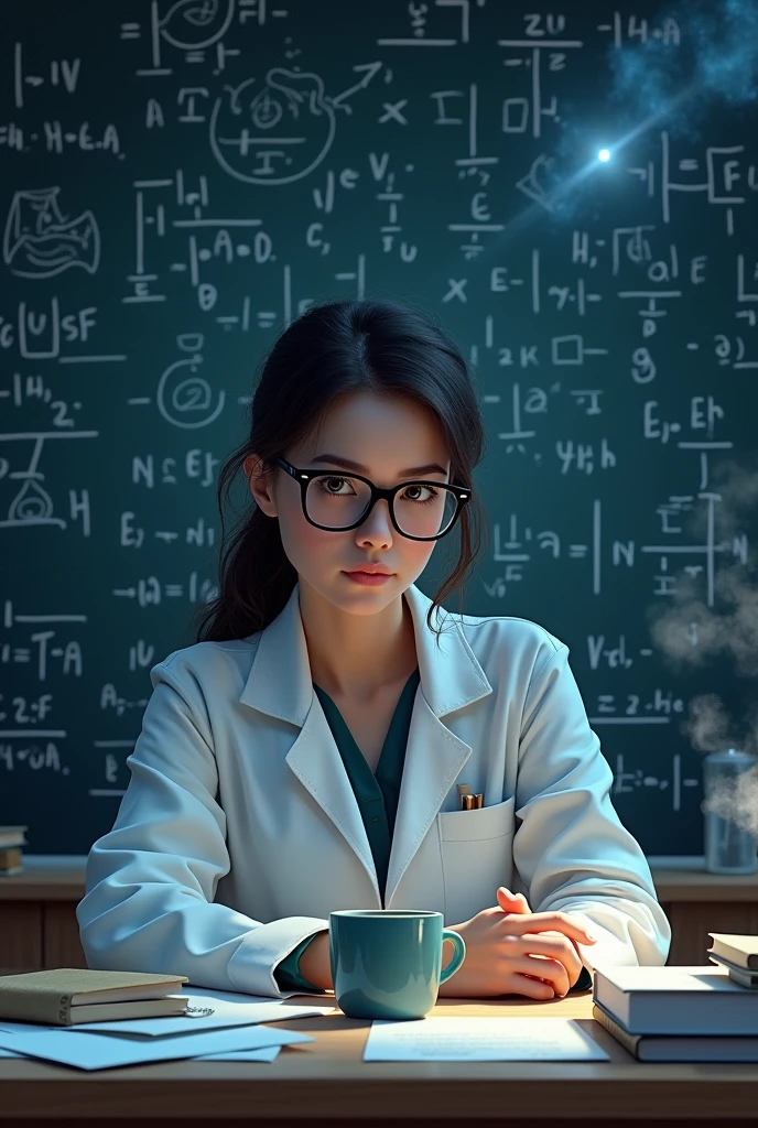 

"A woman in a lab coat and glasses, surrounded by equations and formulas on the blackboard, with a background of stars and galaxies, representing an astrophysicist who discovers the secrets of the universe."
