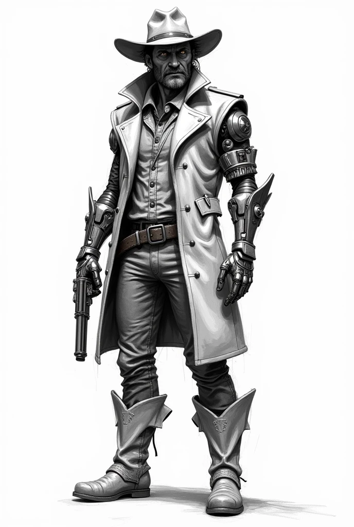 Create a Black and white sketch of a half 
cyborg cowboy. No backgrounds. Just the character itself.