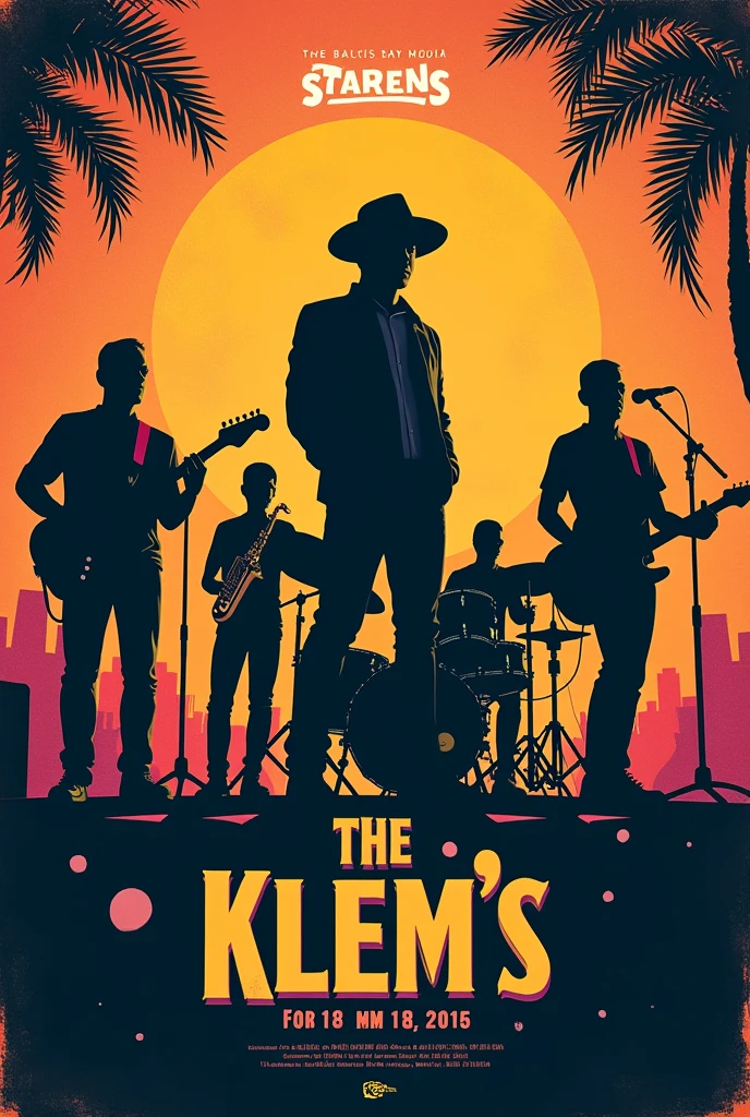 Créer une affiche moderne pour un concert avec chanteur qui porte un chapeau, un batteur, un petit bassiste, un saxophone, deux guitaristes. Décoré de fond festival. dans un style rock avec faux personnages en ombres. pour le band « The Klem’s ». Avec écrit dessus : Date le 06/09/24 à 20h au café du passage Carnot à Pau.