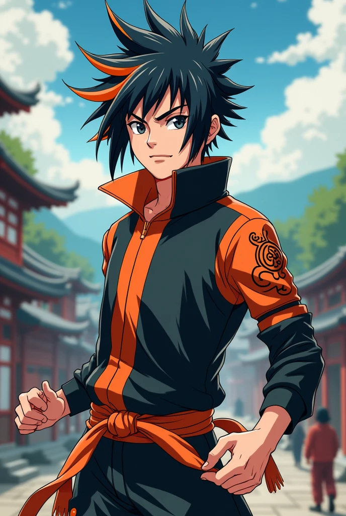 Japanese anime naruto style male character with black and orange outfit
