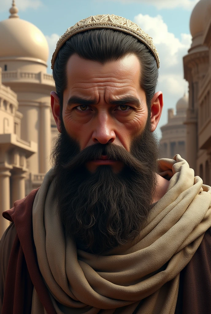 Make an image of a Jewish man representing Mordecai from the Bible in a city representing his image only of the face ultra realistic image