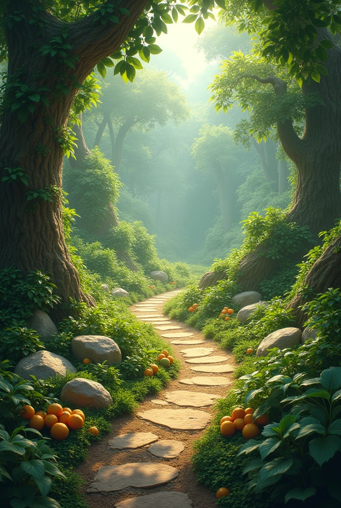 A beautiful path with obstacles and fruits 