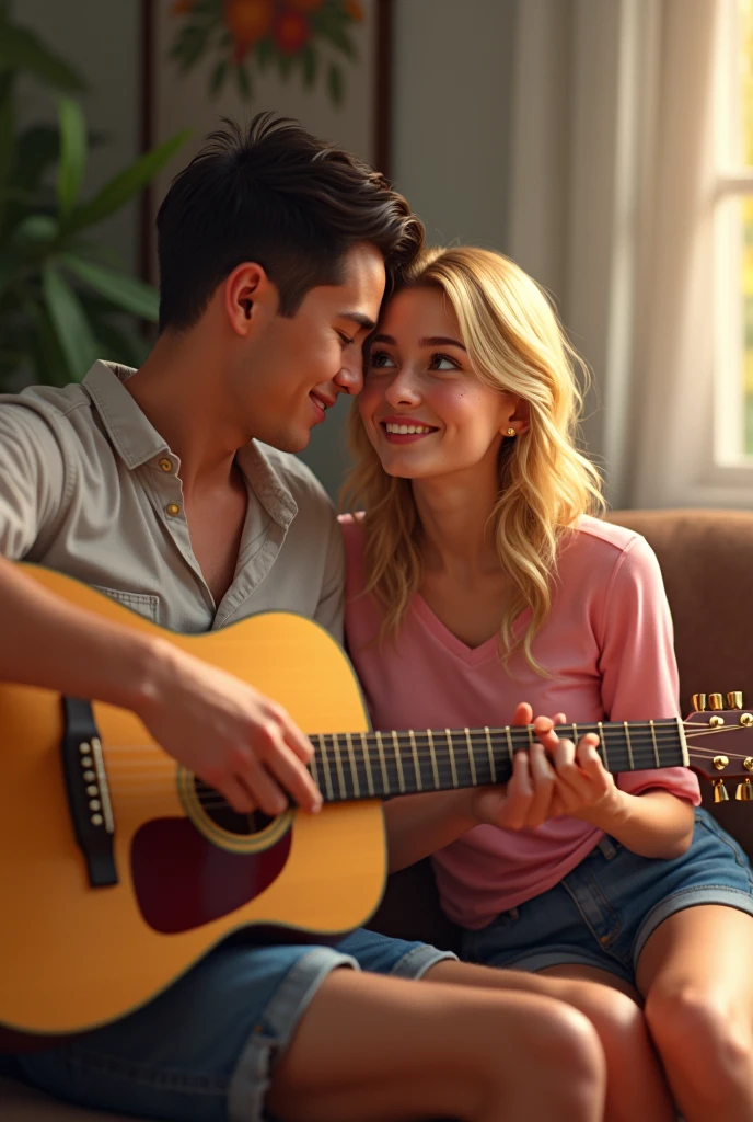 a couple with a blonde woman, with freckles on the cheeks pulling towards the nose. Light brown eyes, and arched eyebrows sitting on the couch in jean shorts and a pink shirt, all in love looking at her husband who is by her side playing the guitar.His hair is very short, black and parted to the side and I want his freckles to be very visible.
