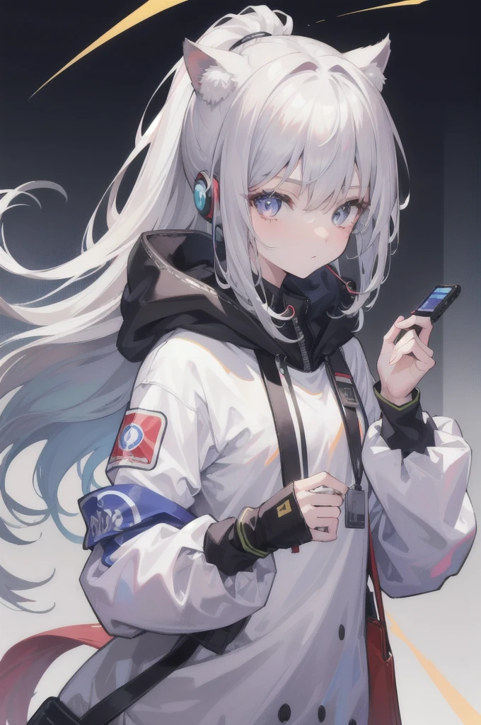 One girl, High resolution, masterpiece, Anatomically correct, accurate, Winner of numerous awards, 最高quality, detail, 高いdetail, High-resolution model, 高quality, quality, Very detailed, Retina, Textured skin, Ultra high definition, Long Hair, ponytail, Gray Hair, Silver Hair, Animal shaped hood, Raise your eyebrows, Colorful eyes, earphone,