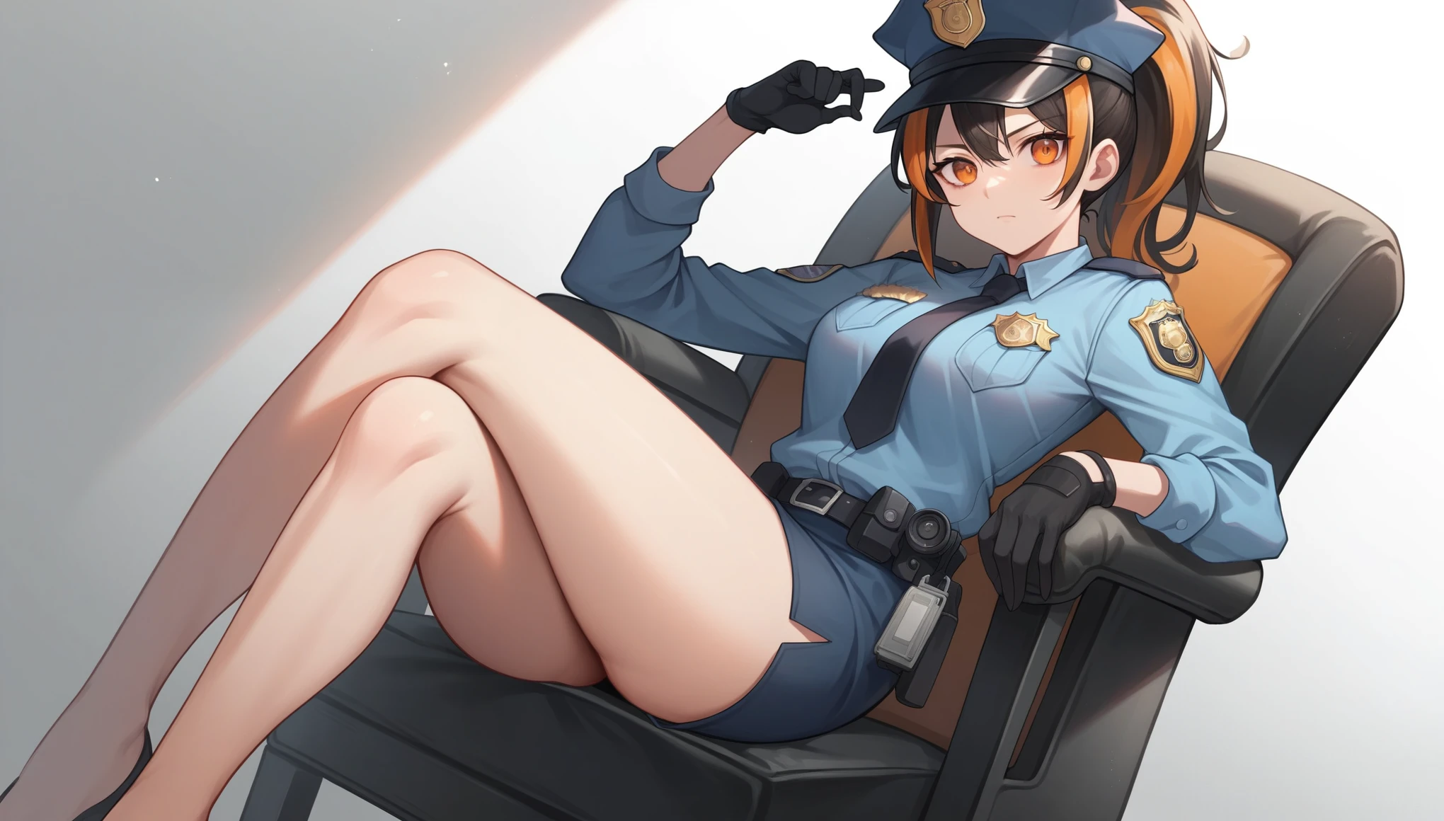 masterpiece，high resolution，Anime Art，Anime Numbers， 4k anime wallpaper，Soft Light，Radiant Skin，Looking at the camera，Solitary，An anime girl，sit on the chair，Black high ponytail，Striped hair，Orange Eyes，Police Uniform，Short skirt，Police Station，