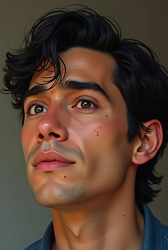 The Latin American man has an oval face, with subtly marked cheekbones that give balance to her expression. Her skin is light-toned and shows some acne marks on both cheeks., which are visible but not exaggerated, giving a natural and realistic look to your skin. His eyes are a dark brown color, Medium in size and slightly almond shaped. The character's gaze is serious and introspective, framed by straight eyebrows, Medium thickness, and well defined. The eyebrows are thick and placed in a way that enhances the intensity of her eyes., giving him a thoughtful expression. The nose is straight and thick , with a soft bridge and a slightly rounded tip, harmonizing well with the rest of your facial features. The lips are a little thick and well defined., with a slight natural curvature that gives it a neutral expression, neither smiling nor frowning. The upper lip is slightly thinner than the lower lip.. The hair is completely straight, of a dark black color, and long length. It falls naturally and a little messily on the forehead., lightly covering the eyebrows, and extends to just above the ears on the sides. The hair has a fine texture and a natural shine., with some strands falling over the forehead and this hairstyle is bookish .