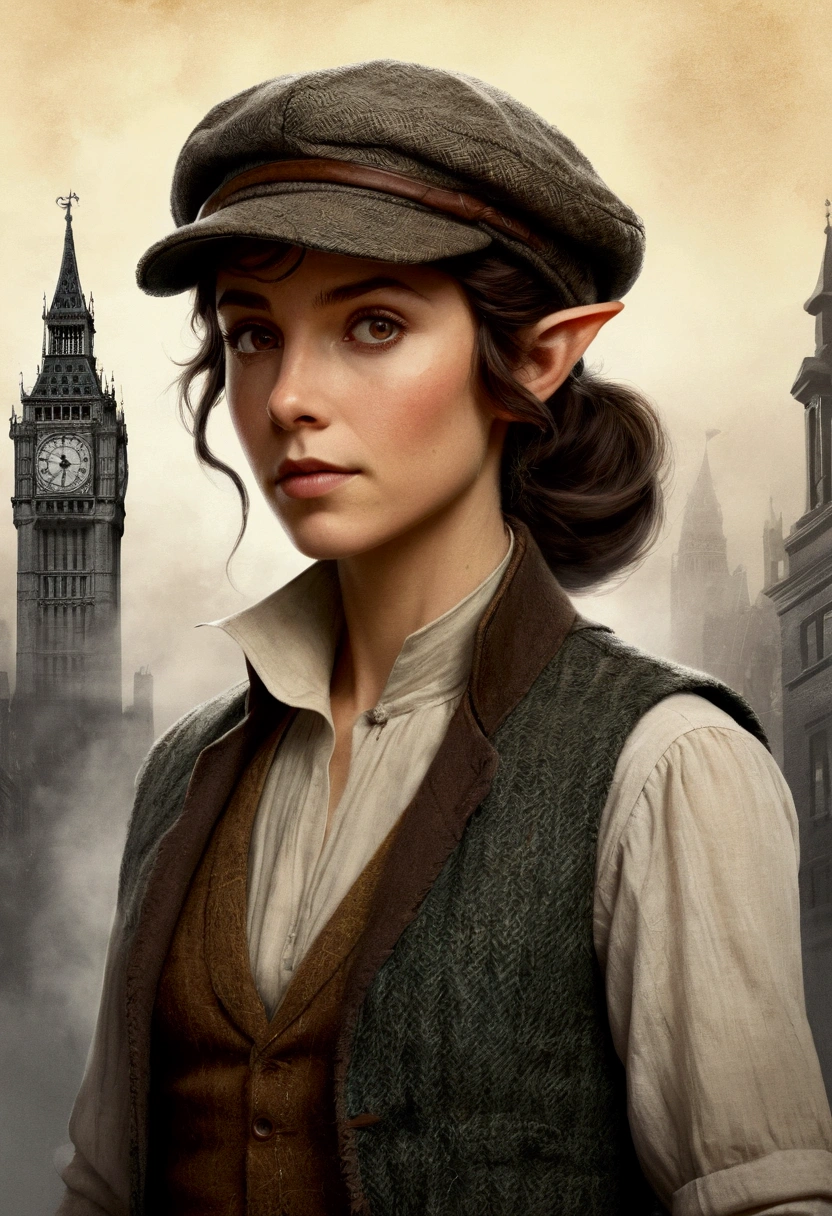 An illustrated movie poster, hand-drawn, full color, an elven maiden, wearing a tweed vest and a newsie cap, tall, toned, amazonian stature, athletic hourglass figure, long pointy elf ears, hazel eyes, dark hair, shaggy bob cut, deep sun-tanned skintone, freckles, standing on a foggy Victorian-era street corner, graphite shading, stencil marks, airbrushed acrylic paint, masterpiece, in the style of Sherlock Holmes, elf ears