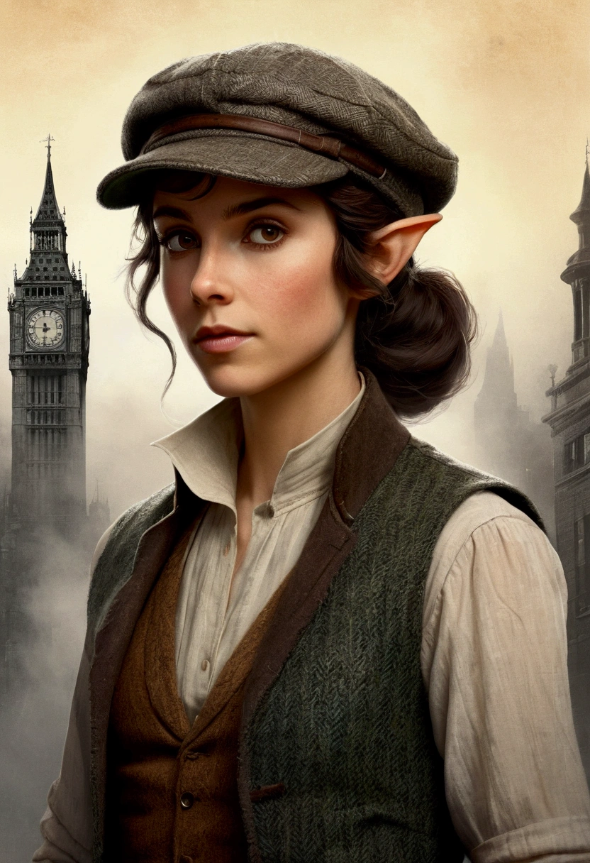 An illustrated movie poster, hand-drawn, full color, an elven maiden, wearing a tweed vest and a newsie cap, tall, toned, amazonian stature, athletic hourglass figure, long pointy elf ears, hazel eyes, dark hair, shaggy bob cut, deep sun-tanned skintone, freckles, standing on a foggy Victorian-era street corner, graphite shading, stencil marks, airbrushed acrylic paint, masterpiece, in the style of Sherlock Holmes, elf ears