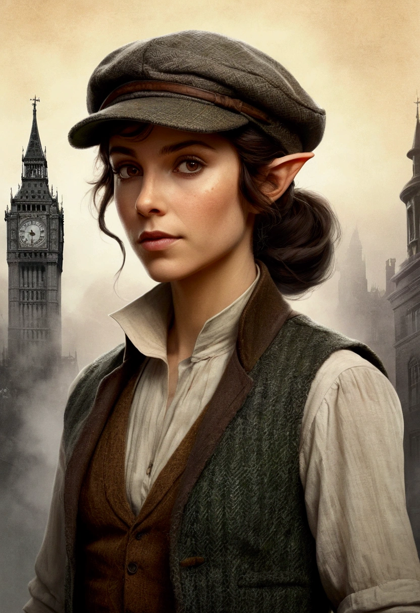 An illustrated movie poster, hand-drawn, full color, an elven maiden, wearing a tweed vest and a newsie cap, tall, toned, amazonian stature, athletic hourglass figure, long pointy elf ears, hazel eyes, dark hair, shaggy bob cut, deep sun-tanned skintone, freckles, standing on a foggy Victorian-era street corner, graphite shading, stencil marks, airbrushed acrylic paint, masterpiece, in the style of Sherlock Holmes, elf ears