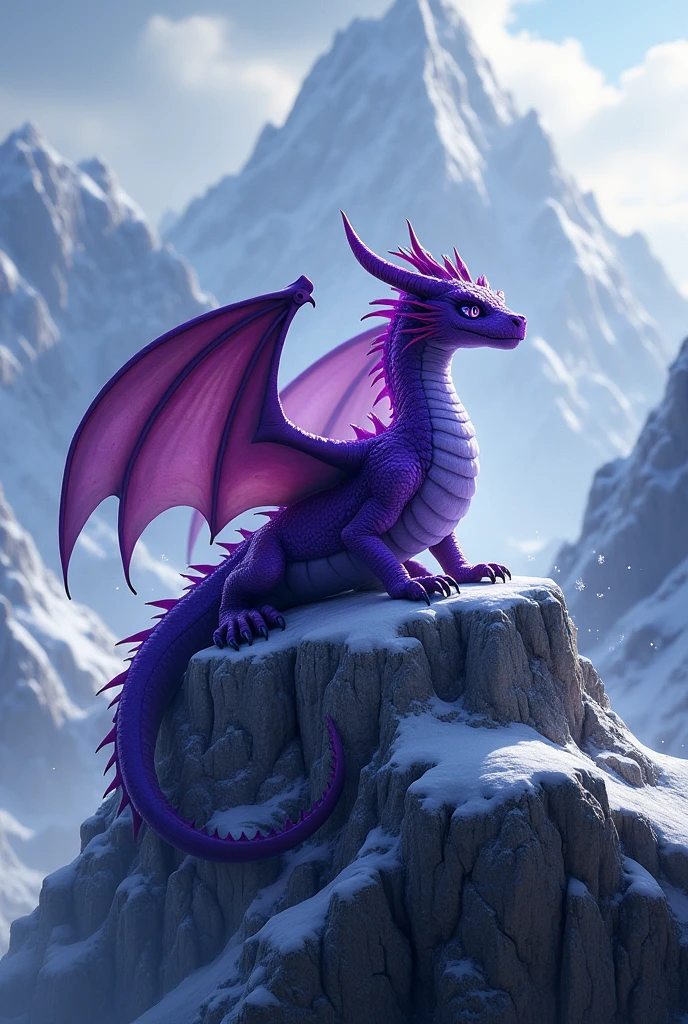 of a detailed image of a purple dragon with sparkling blue eyes on top of a dark and icy mountain that may surprise:
