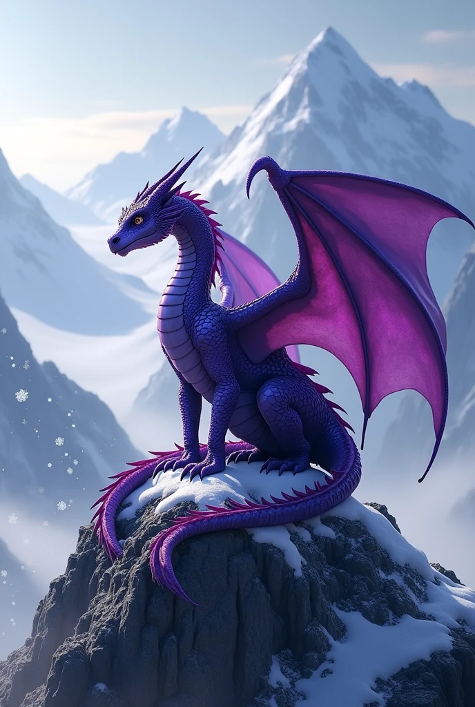 of a detailed image of a purple dragon with sparkling blue eyes on top of a dark and icy mountain that may surprise: