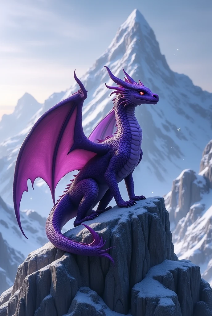 of a detailed image of a purple dragon with sparkling blue eyes on top of a dark and icy mountain that may surprise:  