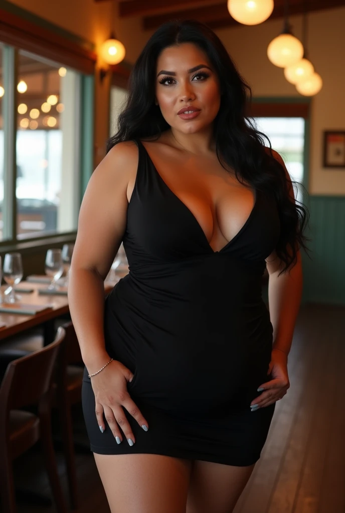 a woman with large breasts, wide hips, black hair, robust body, wearing a daring black dress, posing naturally in a restaurant background