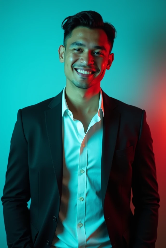 A young Man With Dark hair and a confident smile He is Dressed in a black blazer over a white shirt The man is positioned against aqua colour backdrop with a subtle red lighting on t