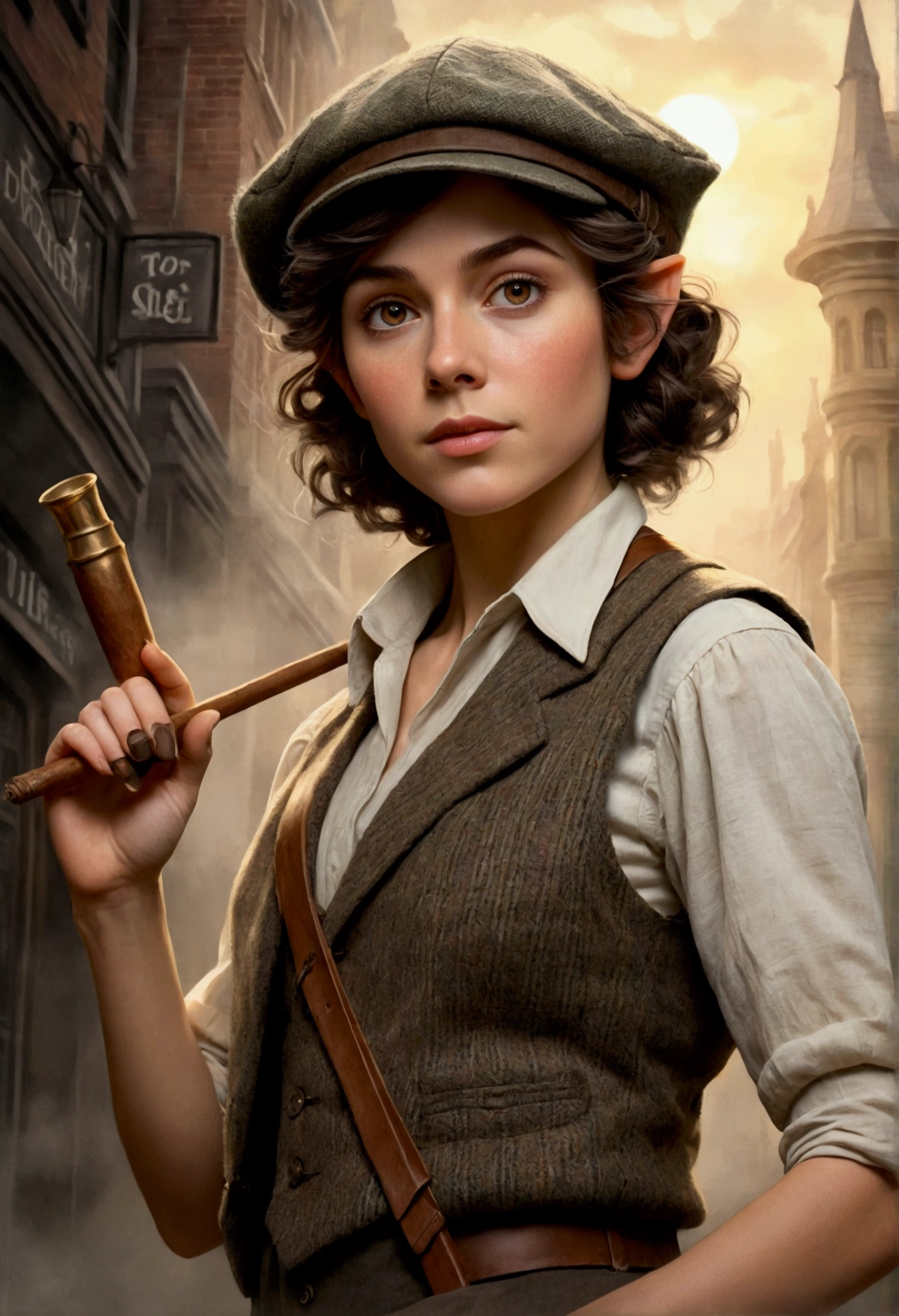 An illustrated movie poster, hand-drawn, full color, an elven maiden, wearing a tweed vest and a newsie cap, tall, toned, amazonian stature, athletic hourglass figure, long pointy elf ears, hazel eyes, dark hair, shaggy bob cut, deep sun-tanned skintone, freckles, standing on a foggy Victorian-era street corner, graphite shading, stencil marks, airbrushed acrylic paint, masterpiece, in the style of Sherlock Holmes, elf ears