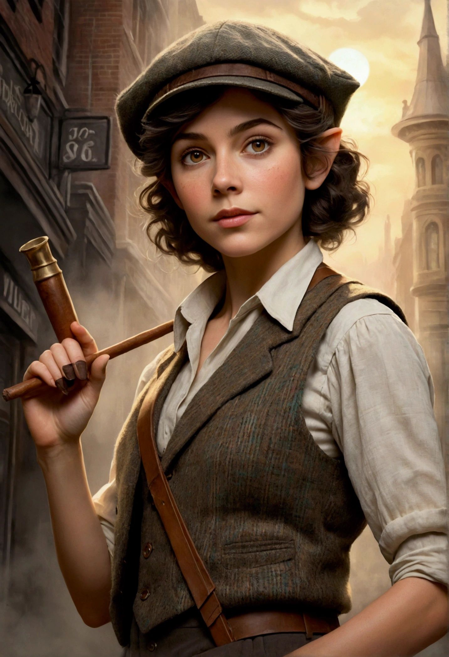 An illustrated movie poster, hand-drawn, full color, an elven maiden, wearing a tweed vest and a newsie cap, tall, toned, amazonian stature, athletic hourglass figure, long pointy elf ears, hazel eyes, dark hair, shaggy bob cut, deep sun-tanned skintone, freckles, standing on a foggy Victorian-era street corner, graphite shading, stencil marks, airbrushed acrylic paint, masterpiece, in the style of Sherlock Holmes, elf ears