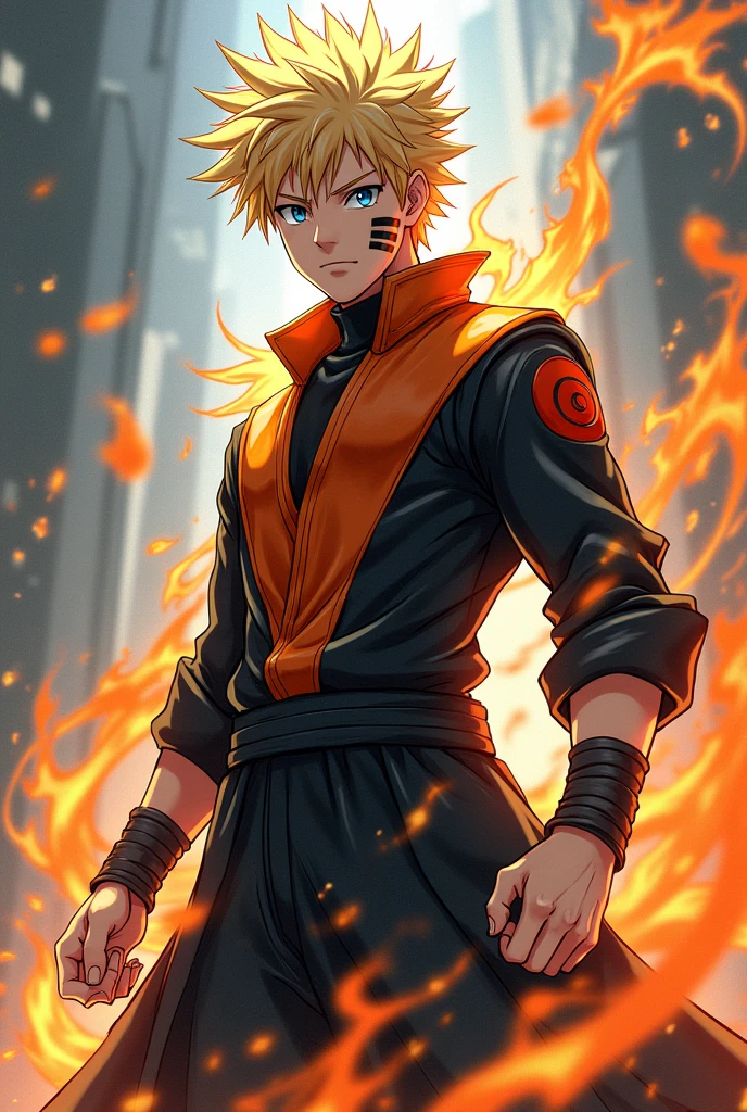 Japanese anime naruto style male character in black and orange outfit with beautiful effects