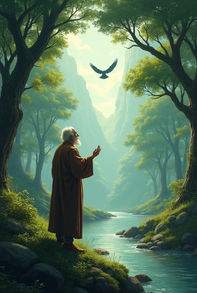 A lush natural landscape, with tall trees and a gently flowing river. The old man points to the sky, where a dark bird flies alone. Text: "They say it&#39;s been a long time, There was a young man named Karãu, who only thought about his desires and forgot what really mattered..."