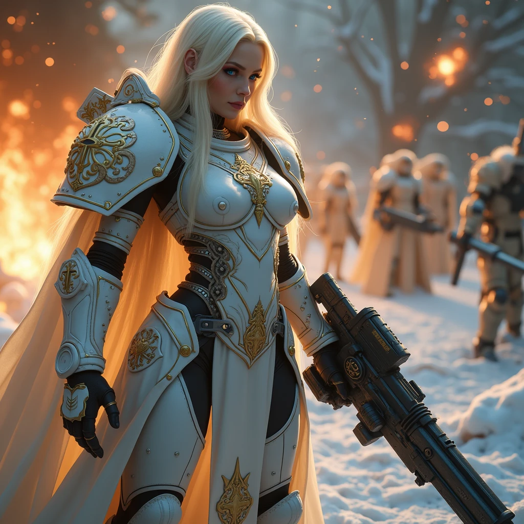 a beautiful woman with long platinum blonde hair, porcelain skin, ice blue eyes, sexy sisters of battle from the warhammer 40k, shooting at the enemy, rwhite space marine armor with intricate details, religous symbols on the armor, sisters of battle, warhammer 40k, Massive silicone breast, pale skin, seductive, temptation, eat your soul, clevage, , standing in a magical winter wonderland with snow-covered trees and frozen lakes, intricate ice crystals and snowflakes surrounding her, (best quality,4k,8k,highres,masterpiece:1.2),ultra-detailed,(realistic,photorealistic,photo-realistic:1.37),fantasy,digital art,cinematic lighting, highly detailed armor, intricate futuristic weaponry, gritty and realistic, mecha, science fiction, hyper-detailed, photorealistic, award winning digital art, 8k, HDR, masters work, in the middle of a battle field, full body combat action pose, explosions and fire around, full war, stunning, Stilleto heels, high heels, full body pose, cinematic, dust and debree, combat screams, attacking, shooting at the enemy, sisters of battle, warhammer 40kdramatic color palette,frozen landscape,ice powers,snow queen