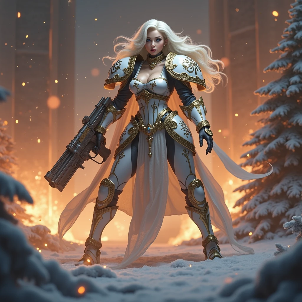 a beautiful woman with long platinum blonde hair, porcelain skin, ice blue eyes, sexy sisters of battle from the warhammer 40k, shooting at the enemy, rwhite space marine armor with intricate details, religous symbols on the armor, sisters of battle, warhammer 40k, Massive silicone breast, pale skin, seductive, temptation, eat your soul, clevage, , standing in a magical winter wonderland with snow-covered trees and frozen lakes, intricate ice crystals and snowflakes surrounding her, (best quality,4k,8k,highres,masterpiece:1.2),ultra-detailed,(realistic,photorealistic,photo-realistic:1.37),fantasy,digital art,cinematic lighting, highly detailed armor, intricate futuristic weaponry, gritty and realistic, mecha, science fiction, hyper-detailed, photorealistic, award winning digital art, 8k, HDR, masters work, in the middle of a battle field, full body combat action pose, explosions and fire around, full war, stunning, Stilleto heels, high heels, full body pose, cinematic, dust and debree, combat screams, attacking, shooting at the enemy, sisters of battle, warhammer 40kdramatic color palette,frozen landscape,ice powers,snow queen