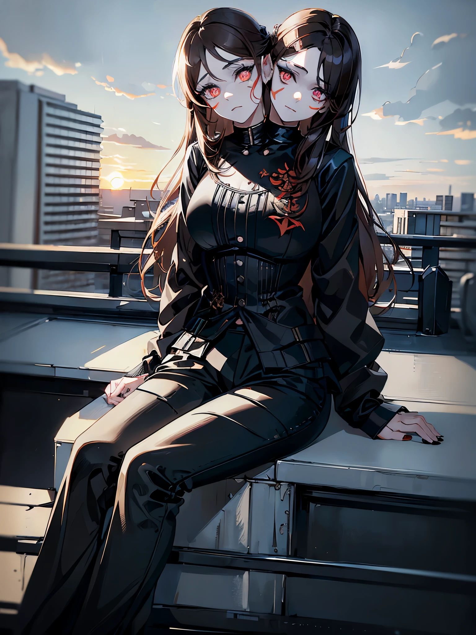 (masterpiece, best quality), best resolution, (2heads:1.5), 1girl, brown hair, white face paint, black metal makeup, contemplative, black jacket, white shirt, black long pants, crow motif, sitting on the edge of an apartment building rooftop, sunset