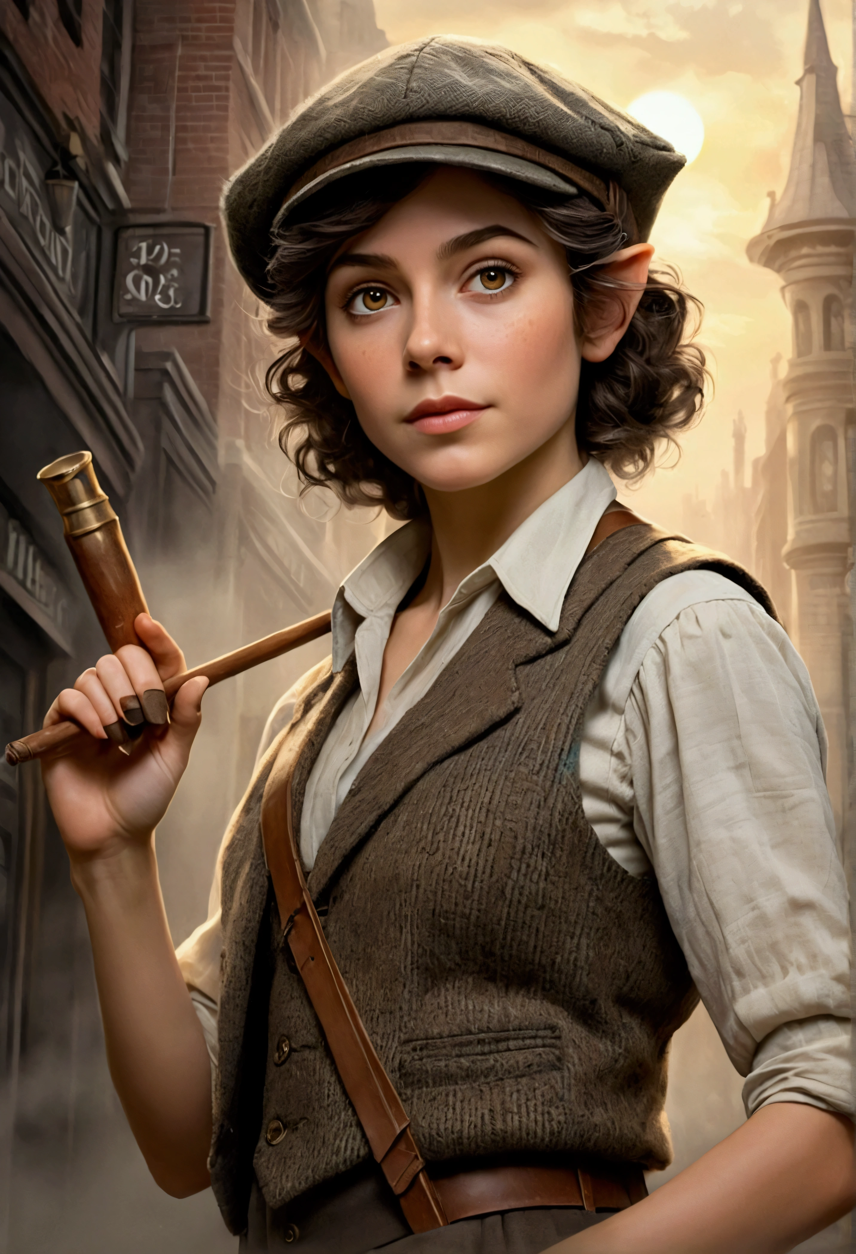 An illustrated movie poster, hand-drawn, full color, an elven maiden, wearing a tweed vest and a newsie cap, tall, toned, amazonian stature, athletic hourglass figure, long pointy elf ears, hazel eyes, dark hair, shaggy bob cut, deep sun-tanned skintone, freckles, standing on a foggy Victorian-era street corner, graphite shading, stencil marks, airbrushed acrylic paint, masterpiece, in the style of Sherlock Holmes, elf ears