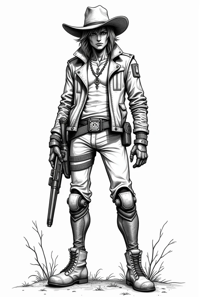 Create a Black and white sketch of a half
cyborg cowboy. No backgrounds. Just the character itself. Not ultra realistic. Anime style. Simple drawing.